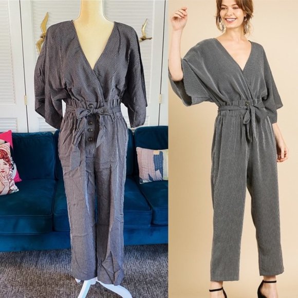 Umgee Pants - Umgee | Carmen Pinstripe Jumpsuit Paperbag Wide Sleeve Charcoal Black New Medium